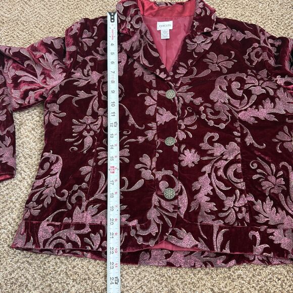 Chico's 2 Burgundy Velour Shimmer Filigree Button Blazer Pockets Lined Christmas - Picture 6 of 10